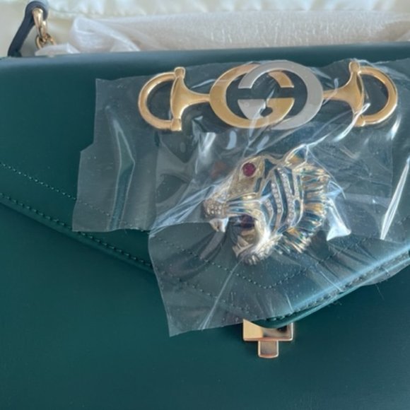 Gucci Rajah Chain Shoulder Bag Leather Medium Gold Dark Green Handbag Vitello NW - Picture 6 of 16